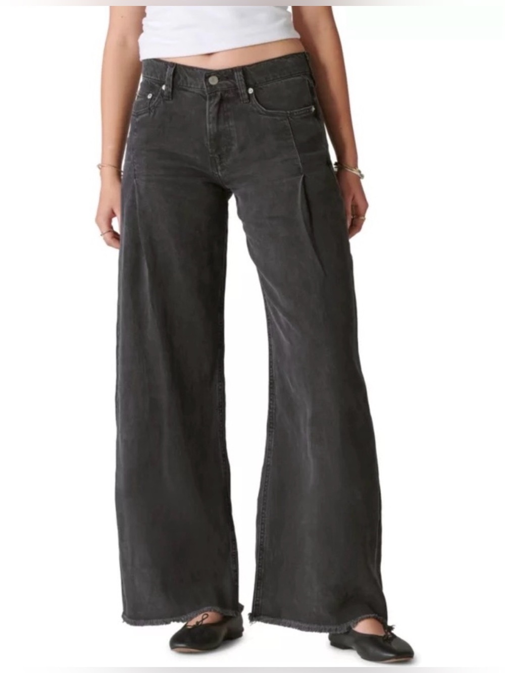 NWT Lucky Brand Liquid Denim Luxe Palazzo Jeans 12/31 Black Gray Wide Leg
